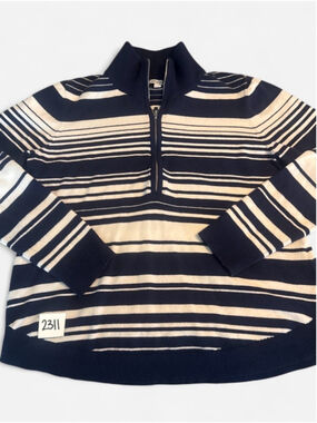 Chico's Navy and Cream Striped Half-Zip Sweater